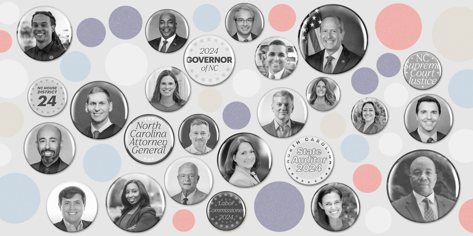 An illustration of candidates as political buttons as well as what positions they're running for this election